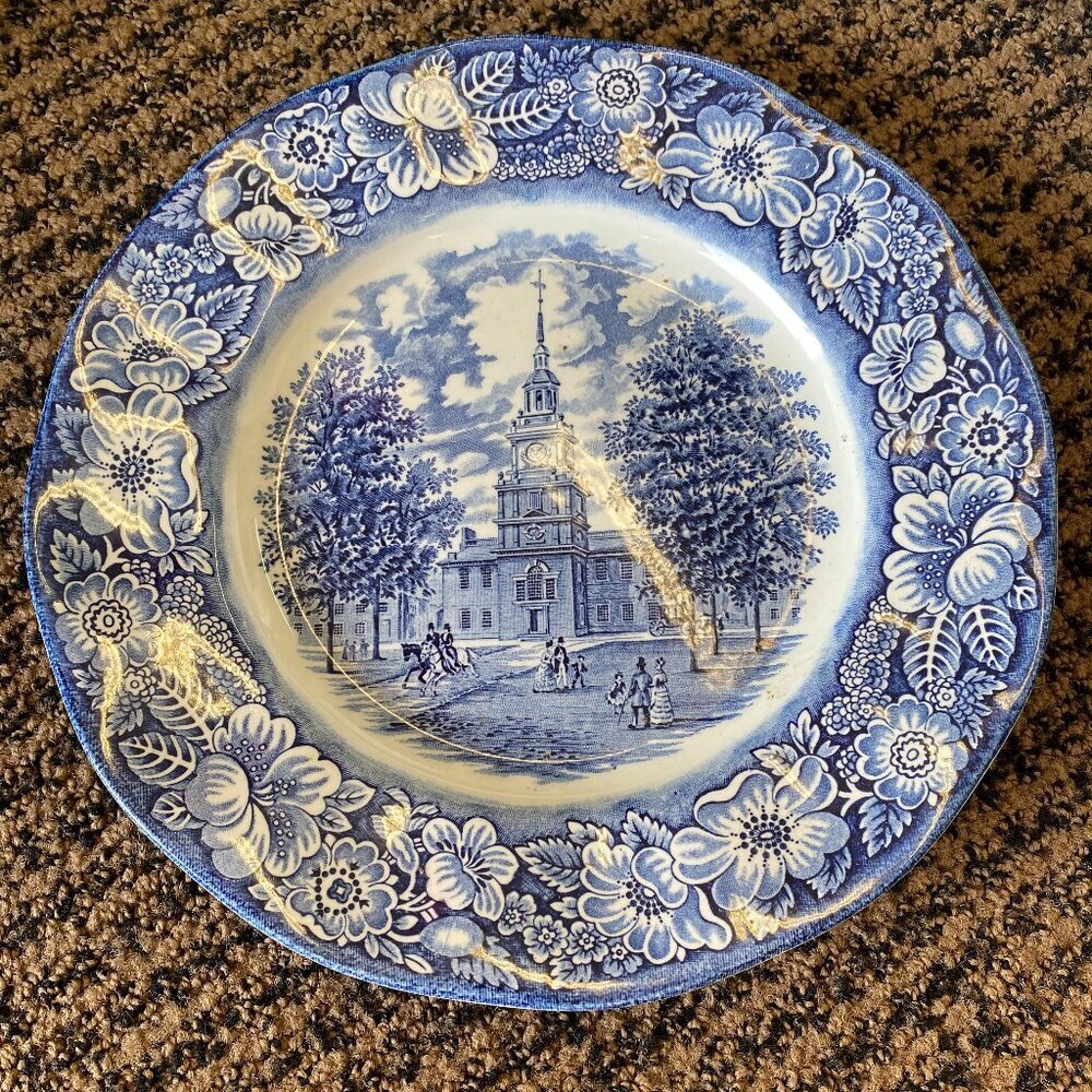Liberty Blue Plate Independence Hall Staffordshire ironstone Colonial Scene